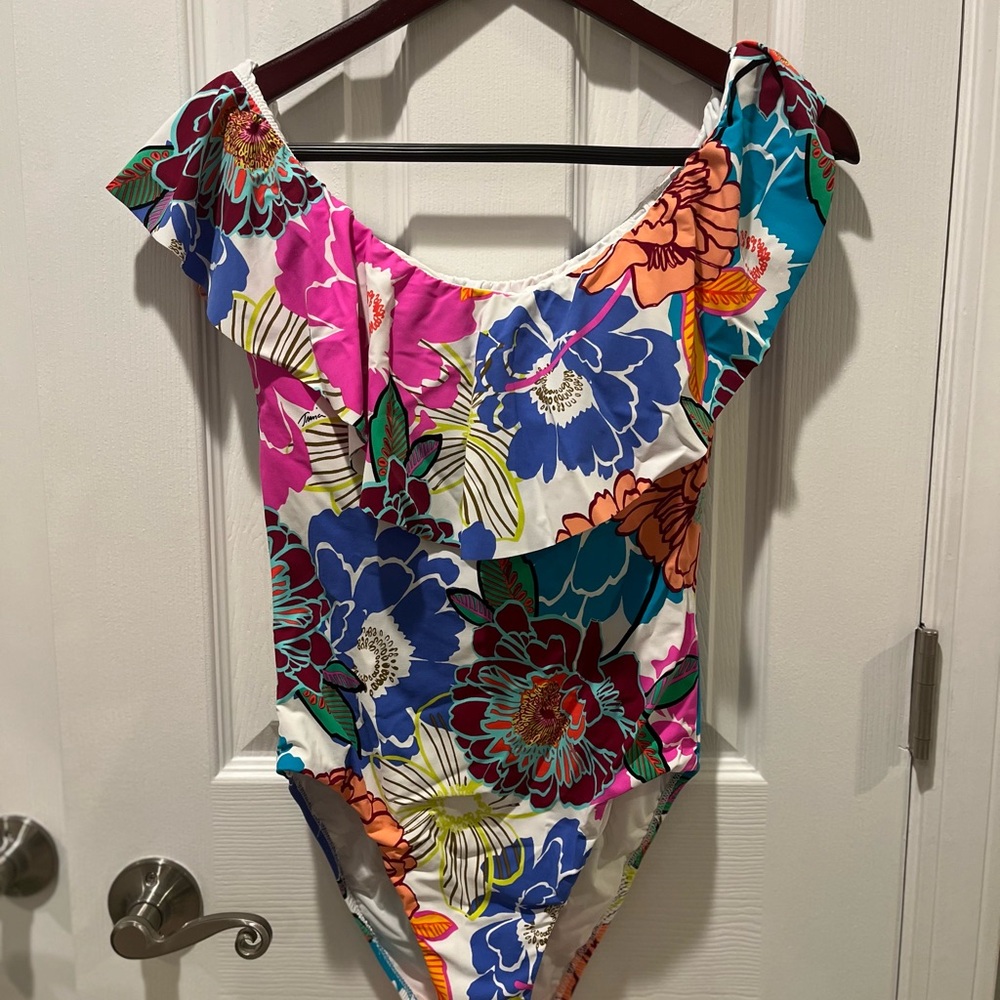Trina Turk Pink and Blue One Piece with Ruffled Asymmetrical Design